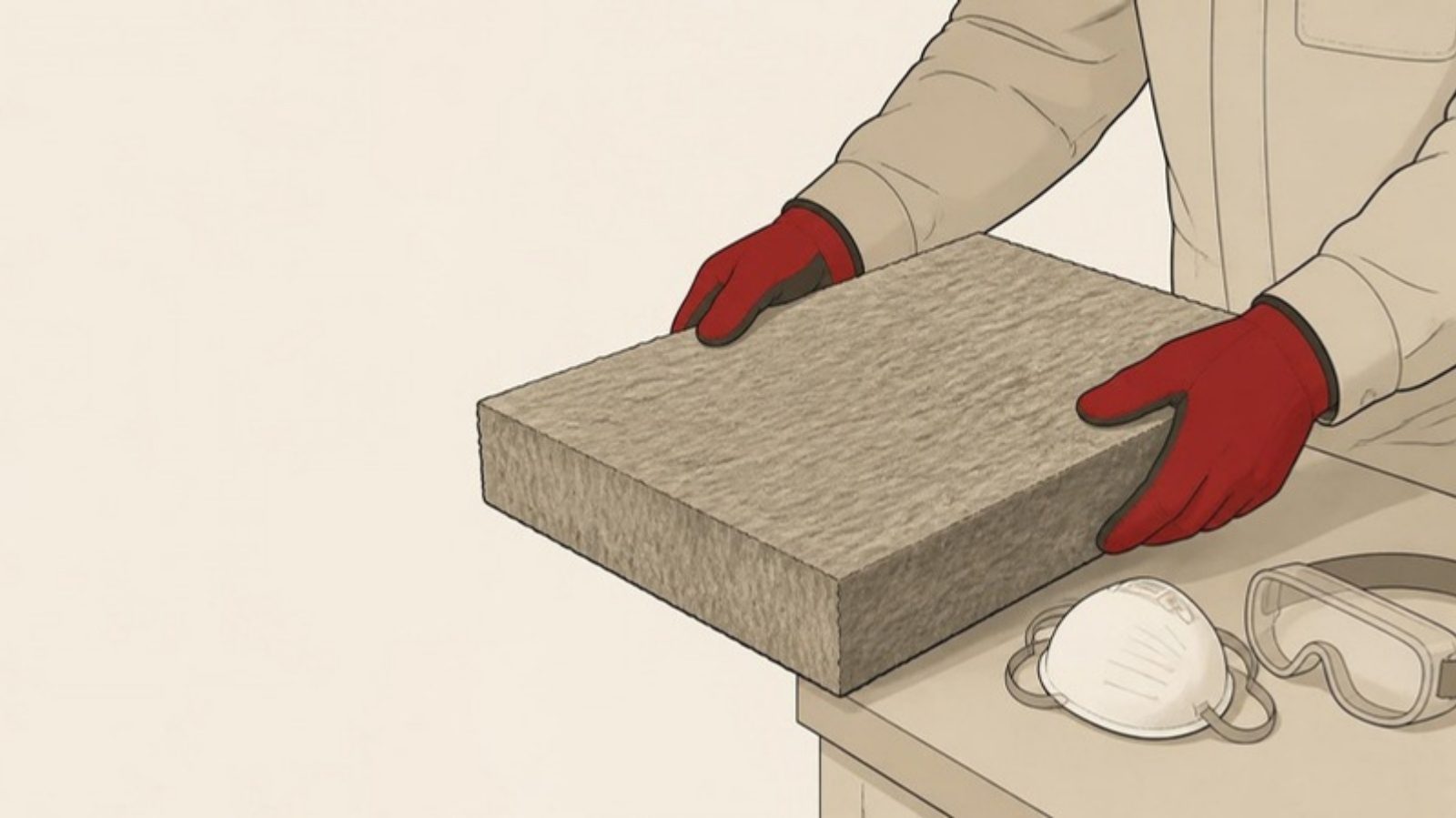 มือที่สวมถุงมือและเสื้อแขนยาวกำลังจับแผ่นฉนวนใยหิน ข้างกันมีหน้ากากกันฝุ่นและแว่นนิรภัยวางอยู่